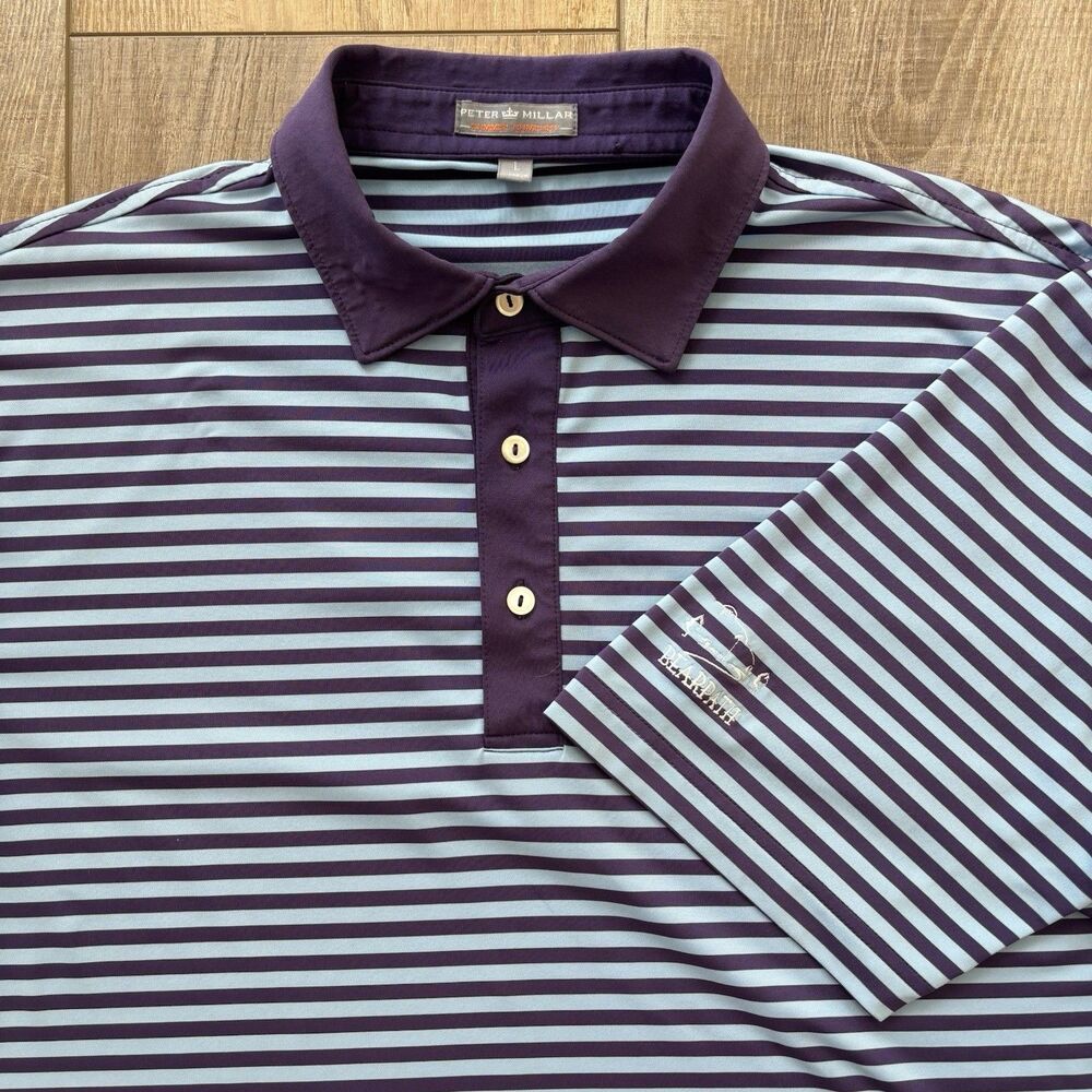 Peter Millar Summer Comfort Golf Polo Size L Blue Purple Stripe Bearpath Logo